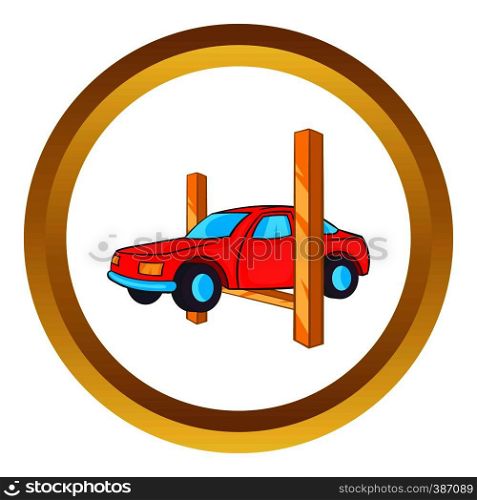 Car lifting vector icon in golden circle, cartoon style isolated on white background. Car lifting vector icon