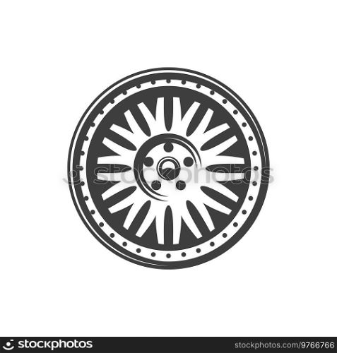Car light alloy wheel rim. Vector isolated vehicle automotive rim icon. Car wheel rim, vehicle part icon