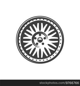 Car light alloy wheel rim. Vector isolated vehicle automotive rim icon. Car wheel rim, vehicle part icon