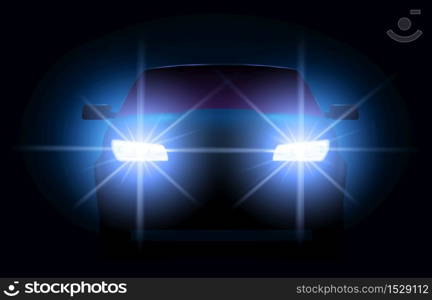 Car lights. Night urban scene with automobile or vehicle silhouette with bright shining headlights. Auto front view in darkness.Transport race at night time, glowing vector illustration. Car lights. Night urban scene with automobile or vehicle silhouette with bright shining headlights. Auto front