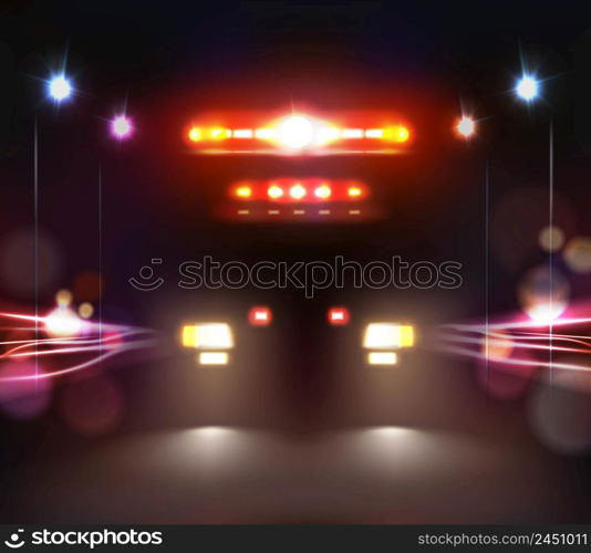 Car lights realistic composition of headlamp and light bar images of ambulance car on night road vector illustration. Ambulance In Night Composition