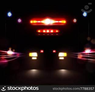Car lights realistic composition of headlamp and light bar images of ambulance car on night road vector illustration. Ambulance In Night Composition