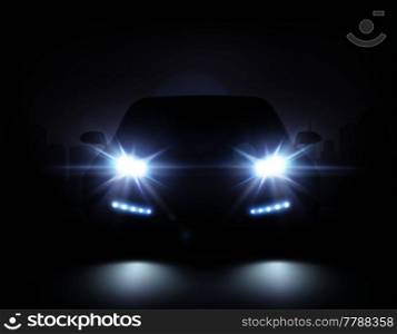 Car lights realistic composition of night urban scenery and stylish automobile silhouette with headlights and shadows vector illustration. Modern Car Lights Composition