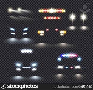 Car lights realistic transparent set of five isolated images with special vehicles silhouettes and headlamp lights vector illustration. Car Lights Transparent Set