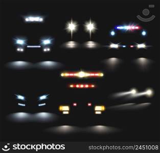 Car lights set of realistic headlight and light bar images and compositions of car silhouettes vector illustration. Headlamp Cars Realistic Set
