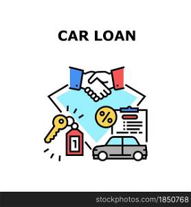 Car Loan Agreement Vector Icon Concept. Car Loan Agreement Signing Salesman And Client, Buying Automobile Successful Deal And Giving Key. Bank Credit For Buy Transport Color Illustration. Car Loan Agreement Concept Color Illustration