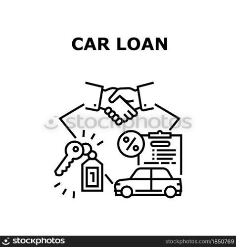 Car Loan Agreement Vector Icon Concept. Car Loan Agreement Signing Salesman And Client, Buying Automobile Successful Deal And Giving Key. Bank Credit For Buy Transport Black Illustration. Car Loan Agreement Concept Black Illustration
