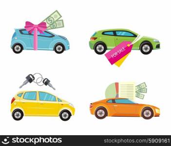 Car loan approved document with dollars money. Buying car concept. Gift car and red ribbon with dollars money. Car sale. Rent a car concept in flat design