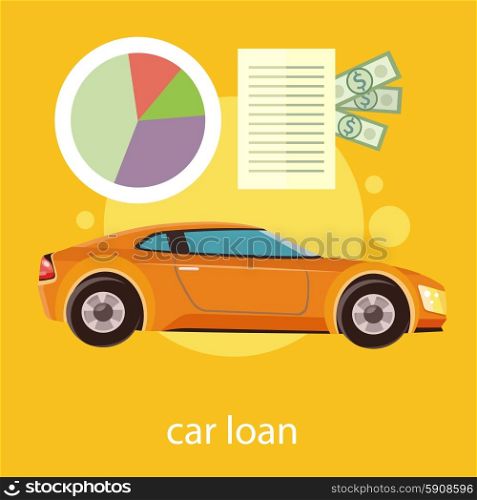 Car loan approved document with dollars money. Modern car on stylish background in flat cartoon design style. Car loan approved