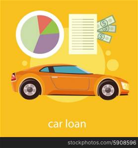 Car loan approved document with dollars money. Modern car on stylish background in flat cartoon design style. Car loan approved