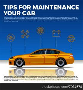 Car mainentance tips vector illustration. Yellow car and line icons on blue background with reflection. Service and repair automobile center. Car mainentance tips vector illustration. Yellow car and line icons on blue background with reflection