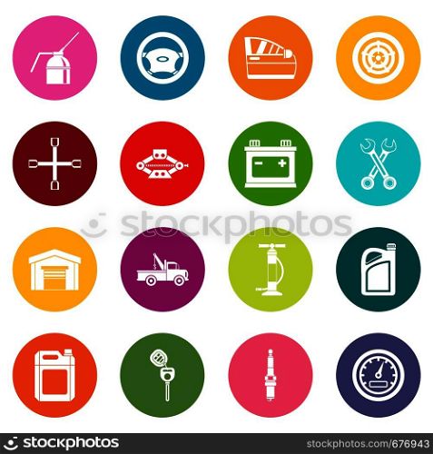 Car maintenance and repair icons many colors set isolated on white for digital marketing. Car maintenance and repair icons many colors set