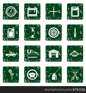 Car maintenance and repair icons set in grunge style green isolated vector illustration. Car maintenance and repair icons set grunge