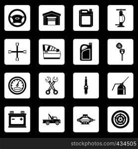 Car maintenance and repair icons set in white squares on black background simple style vector illustration. Car maintenance and repair icons set squares