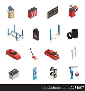 Car maintenance autoservice isometric icons set with garage equipment tools auto parts engine oil isolated vector illustration . Car Maintenance Service Isometric icons
