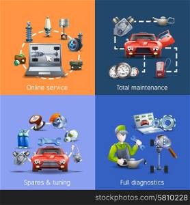 Car Maintenance Cartoon Icons Set . Car maintenance and service cartoon icons set with spares and diagnostics isolated vector illustration