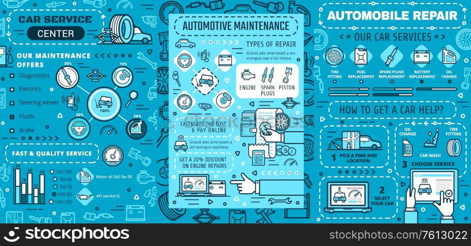 Car maintenance, repair service vector infographics. Car engine repair, diagnostics and maintenance graphs and charts. Wheel tyre, spark plugs and motor oil, battery, pistons, wrench and spanner fix. Car maintenance, repair service infographics