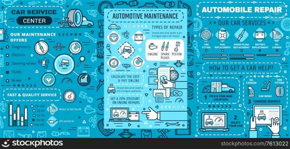 Car maintenance, repair service vector infographics. Car engine repair, diagnostics and maintenance graphs and charts. Wheel tyre, spark plugs and motor oil, battery, pistons, wrench and spanner fix. Car maintenance, repair service infographics