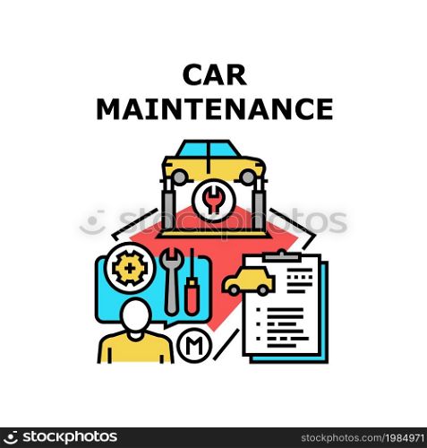 Car Maintenance Vector Icon Concept. Car Maintenance Service For Checking And Repairing Automobile Engine And Suspension. Mechanic Checklist For Monitoring Repair Color Illustration. Car Maintenance Vector Concept Color Illustration