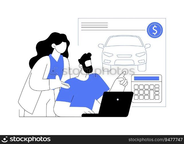 Car manufacturing cost analysis abstract concept vector illustration. Engineers calculate cost of car manufacturing using laptop, automotive industry, design and engineering abstract metaphor.. Car manufacturing cost analysis abstract concept vector illustration.