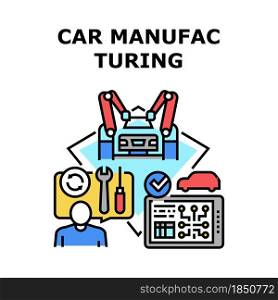 Car Manufacturing Plant Vector Icon Concept. Robotic Arm Assembly Automobile And Production Digital Computer Technology, Car Manufacturing Plant Equipment. Repairman Business Color Illustration. Car Manufacturing Plant Concept Color Illustration