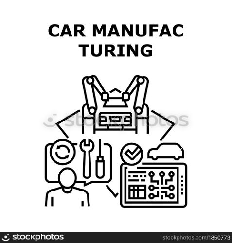 Car Manufacturing Plant Vector Icon Concept. Robotic Arm Assembly Automobile And Production Digital Computer Technology, Car Manufacturing Plant Equipment. Repairman Business Black Illustration. Car Manufacturing Plant Concept Black Illustration