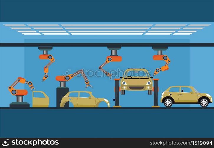Car manufacturing process with smart robotic automotive assembly line, Factory of conveyor for assembly of cars, Modern engineering systems vector illustration.