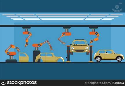 Car manufacturing process with smart robotic automotive assembly line, Factory of conveyor for assembly of cars, Modern engineering systems vector illustration.