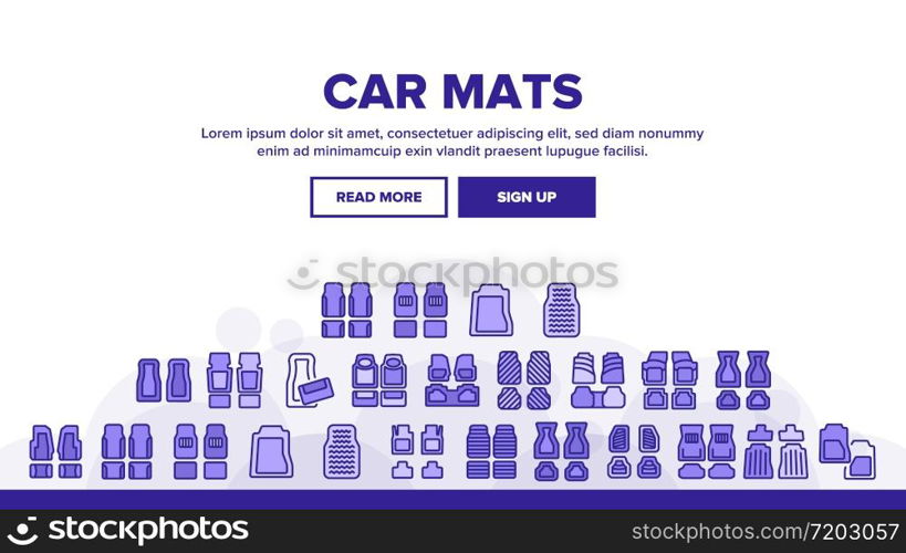 Car Mats Floor Carpet Landing Web Page Header Banner Template Vector. Car Mats, Automobile Elastic Flooring Accessory, Vehicle Interior Part Illustrations. Car Mats Floor Carpet Landing Header Vector