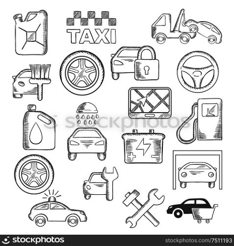 Car, mechanic and service icons with sale, towing and paint, washing and repair, tire service, taxi, fuel jerrycan and gas station, wheel and navigation, battery, traffic police and security system. Car, mechanic and service icons
