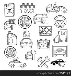 Car, mechanic and service icons with sale, towing and paint, washing and repair, tire service, taxi, fuel jerrycan and gas station, wheel and navigation, battery, traffic police and security system. Car, mechanic and service icons