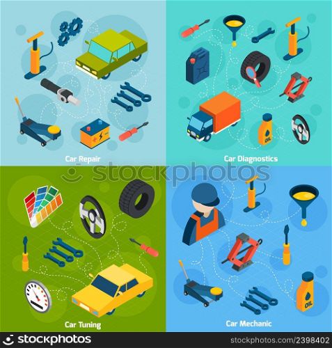 Car mechanic diagnostics repair and tuning isometric icons set isolated vector illustration. Car Repair And Tuning Isometric Icons