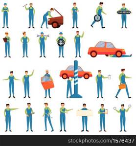 Car mechanic icons set. Cartoon set of car mechanic vector icons for web design. Car mechanic icons set, cartoon style