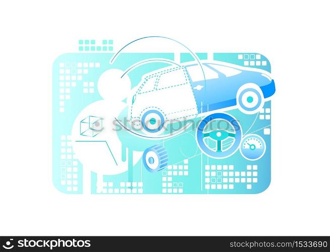 Car modeling 2D vector web banner, poster. Virtual reality educational program flat object on cartoon background. Simulator for entertainment. Building automobile with computer software colorful scene. Car modeling 2D vector web banner, poster