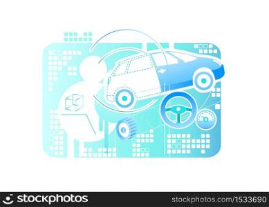 Car modeling 2D vector web banner, poster. Virtual reality educational program flat object on cartoon background. Simulator for entertainment. Building automobile with computer software colorful scene. Car modeling 2D vector web banner, poster