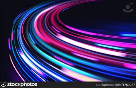 Car motion trails. Speed light streaks vector background with blurred fast moving light effect, blue purple colors on black. Racing cars dynamic flash effects city road with long exposure night lights. Car motion trails. Speed light streaks vector background with blurred fast moving light effect, blue purple colors on black. Racing cars dynamic flash effects, road with long exposure lights