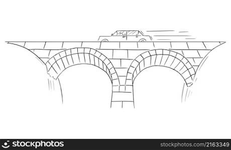 Car moving across the old stony bridge, vector cartoon stick figure or character illustration.. Car Moving Across the Bridge, Vector Cartoon Stick Figure Illustration