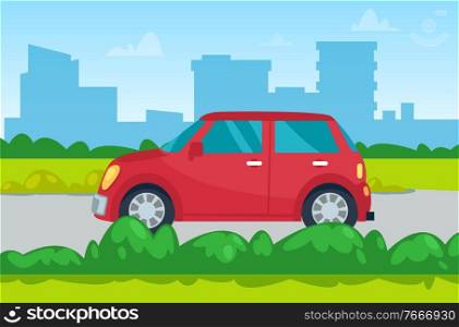 Car moving by road, skyscraper view, transportation equipment in city. Red automobile going near buildings in downtown, auto in town, green plant vector. Automobile in City, Urban Transport, Auto Vector