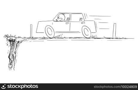 Car moving fast,end of the road, driver is shocked, nature obstacle, vector cartoon illustration.. Car Moving Fast, End of the Road, Driver Shocked , Vector Cartoon Illustration
