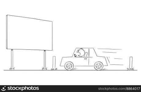 Car moving on road around billboard, copy space ready , vector cartoon stick figure or character illustration.. Car Moving Around Road Billboard , Vector Cartoon Stick Figure Illustration