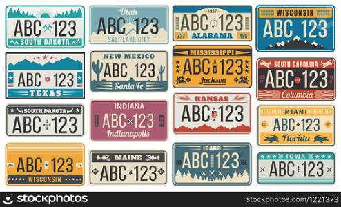 Car number license plate. Retro USA cars registration number signs, Texas, Wisconsin and Kansas license plates vector illustration set. Collection of vintage design elements with names of US states.. Car number license plate. Retro USA cars registration number signs, Texas, Wisconsin and Kansas license plates vector illustration set