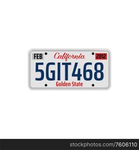 Car number or vehicle license plats vector design. Metal or plastic registration plate for identification of auto, trucks and motorcycles in USA state. Car registration number and license plate in USA