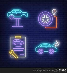 Car on auto lift, clipboard and tire neon signs set. Car service, equipment and repair design. Night bright neon sign, colorful billboard, light banner. Vector illustration in neon style.