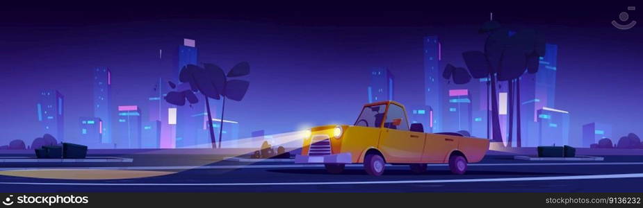 Car on parking in night city. Vector cartoon illustration of yellow cabriolet auto with driver silhouette inside driving highway with headlights on against illuminated modern cityscape background. Car on parking in night city