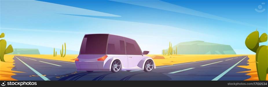 Car on road fork in desert. Concept of direction choice, make decision, choose path. Vector cartoon illustration of hot desert landscape with sand, cactuses, highway crossroad and suv vehicle. Car on road fork in desert. Direction choice