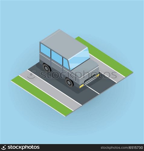 Car on road vector illustration in isometric projection. Jeep, minivan picture for transport, traffic, city concepts, web, app, icons, infographics, logotype design. Isolated on white background. Car on Road Illustration in Isometric Projection.. Car on Road Illustration in Isometric Projection.