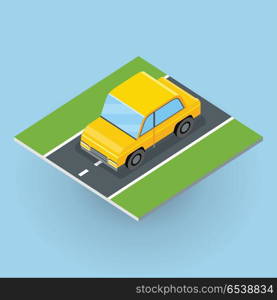 Car on road vector illustration in isometric projection. Jeep, minivan picture for transport, traffic, city concepts, web, app, icons, infographics, logotype design. Isolated on white background. Car on Road Illustration in Isometric Projection.. Car on Road Illustration in Isometric Projection.