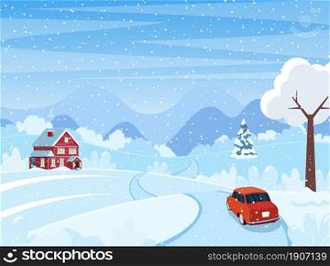 Car on the road. Cute winter landscape. Merry christmas holiday. New year and xmas celebration. Vector illustration in flat style. Car on the road. Cute winter landscape
