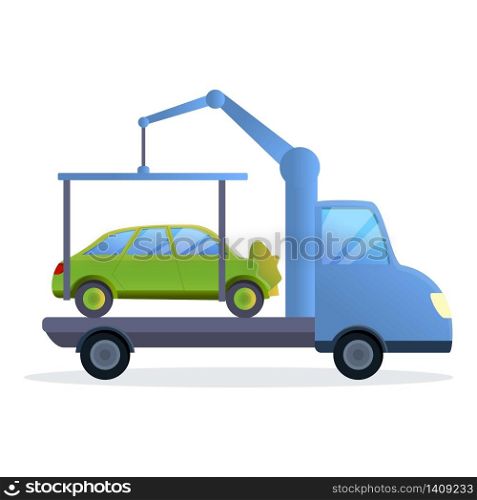 Car on tow truck icon. Cartoon of car on tow truck vector icon for web design isolated on white background. Car on tow truck icon, cartoon style