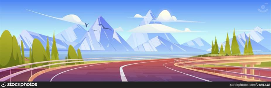 Car overpass road on lake shore with green trees and mountains on horizon. Vector cartoon illustration of summer landscape with highway bridge, river and white rocks. Car overpass road on lake shore with mountains
